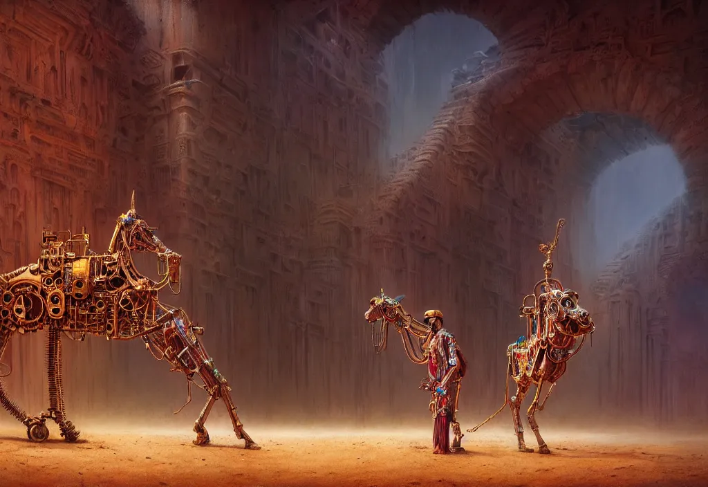 Image similar to A closeup human in arabian vestments performs a vivid magical ritual to resurrect a mechanical horse inside a ancient steel ruins are covered with barchans of sand. Art by Finnian MacManus, Simon Stalenhag. Masterpiece, fantasy art, cinematic, hyperdetailed, photorealistic, steampunk, hyperrealism, octane render, 8k