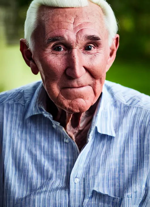 Image similar to dslr photo portrait still of 8 0 year old age 8 0 roger stone at age 8 0!!!, 8 5 mm f 1. 8