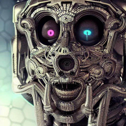 Prompt: trapped technological deity with eyes made of interstellar stargates and molten honeycomb structure, intricate detail, royo, whealan, giger, hd, 8 k, octane render, unreal engine,