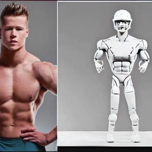 Image similar to a realistic detailed photo of a guy who is an attractive humanoid who is half robot and half humanoid, who is a male android, football player christian mccaffrey, shiny skin, posing like a statue, blank stare, in a living room, on display, showing off his muscles
