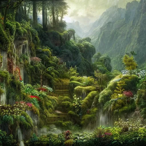 Prompt: a beautiful and highly detailed matte painting of a magical garden in a lush forest in a forgotten valley in an epic mountain range, intricate details, epic scale, insanely complex, 8 k, sharp focus, hyperrealism, photorealistic, by caspar friedrich,