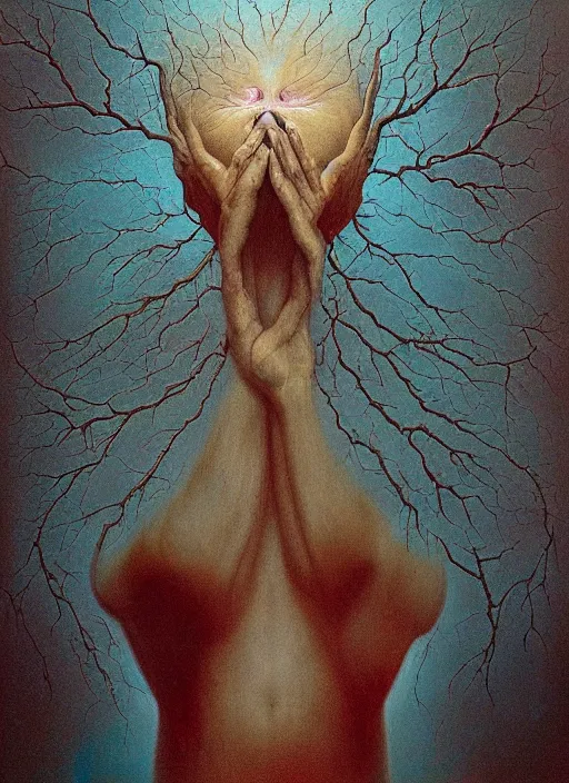 Image similar to dramatic portrait painting of human with black mandelbrot fractal instead of face, in style of zdzisław beksinski, dark, horror, body horror, scary,