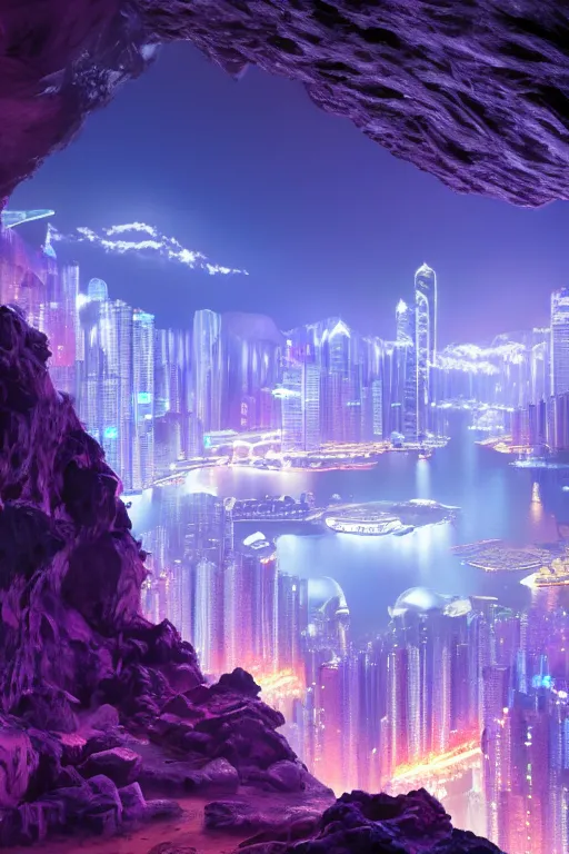 Prompt: in a cave with a miniature futuristic hyper - realistic view of hong kong : 4, beautiful neon lights : 6, highly symmetrical, balanced, purple lightning clouds : 3, octane render, violet sun : 2, in the style of sahm : 3, hd, 4 k, ultra - realistic, in unreal engine