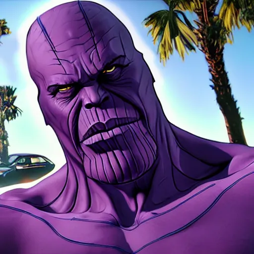 Prompt: Thanos in GTA V, cover art by Stephen Bliss, boxart, loading screen