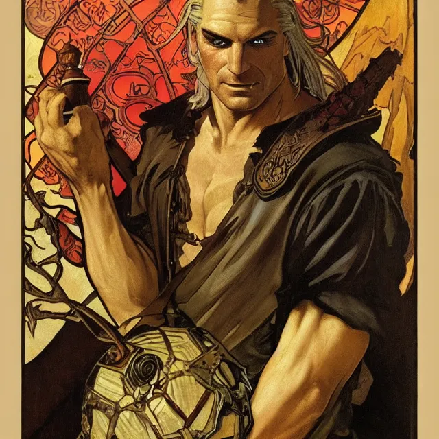 Prompt: an aesthetic! a detailed portrait of geralt of rivia, holding a lantern by frank frazetta and alphonse mucha, oil on canvas, art nouveau dungeons and dragons fantasy art, hd, god rays, ray tracing, crisp contour lines, huhd