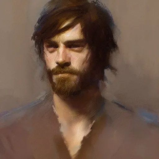 Image similar to a man with a shoulder length haircut, painting by Gaston Bussiere, Craig Mullins