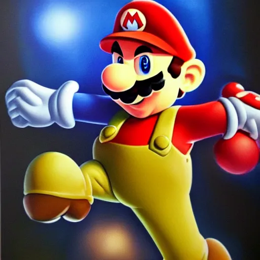 Prompt: An oil painting of Mario, real photo