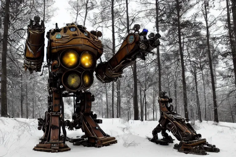 Image similar to steampunk colossal mech battlerobot standing a swedish forest very low angle photograph trending on artstation
