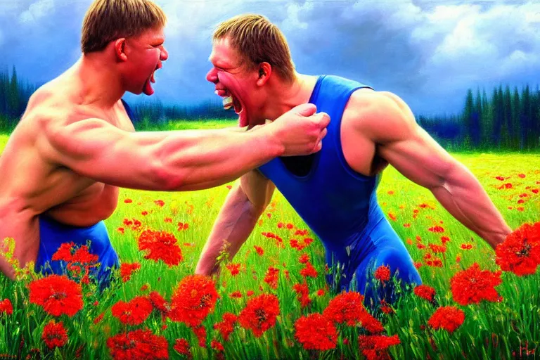 Prompt: ( ( a beautiful 8 k photorealistic masterpiece oil painting ) ( of ( two finnish men wrestling with flowers in their mouths and a big smile on their faces ) ( finnish scenery ) ) ( hyperrealism ) ( 1 6 k ) ( trending on artstation )