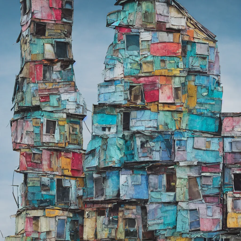 Image similar to close - up view of a tower made up of colourful makeshift squatter shacks, faded colours, plain off white sky, mamiya, very detailed, photographed by cristina de middel