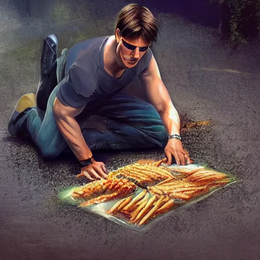 Image similar to tom cruise planting fries in the ground, digital art, highly - detailed, artstation cgsociety masterpiece