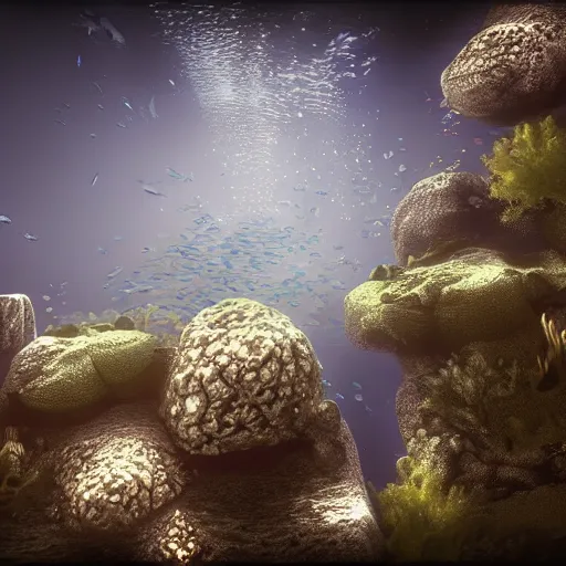 Image similar to underwater edinburgh castle, deep underwater, fish shoal, concept art in style of Greg Rutkowki, dynamic lighting, 8k, very very very highly detailed, hyper realistic realistic