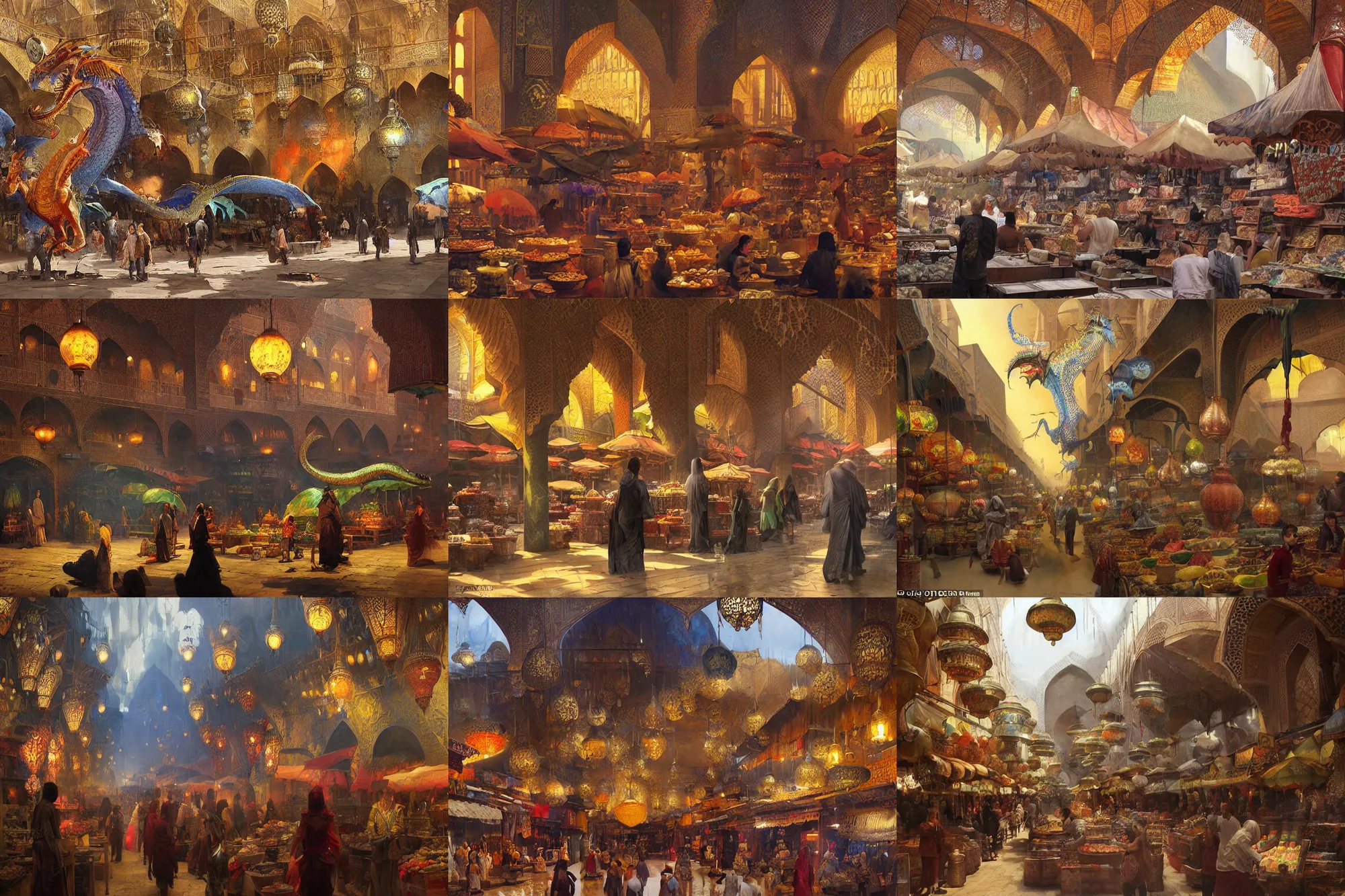 Prompt: a concept art matte painting in the style of orientalism of dragons on display in a dragon auction in the grand bazaar of isfahan by greg rutkowski and edwin lord weeks, speed painting with brush strokes of a dragon market