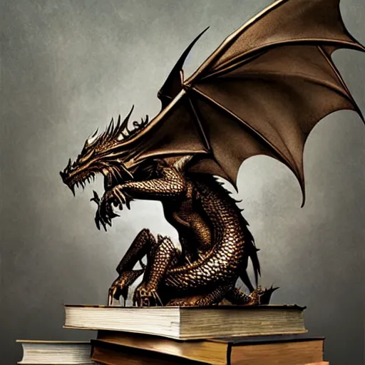 Image similar to bronze dragon sitting on a hoard of books, fantasy, dnd, art by greg rutkowski