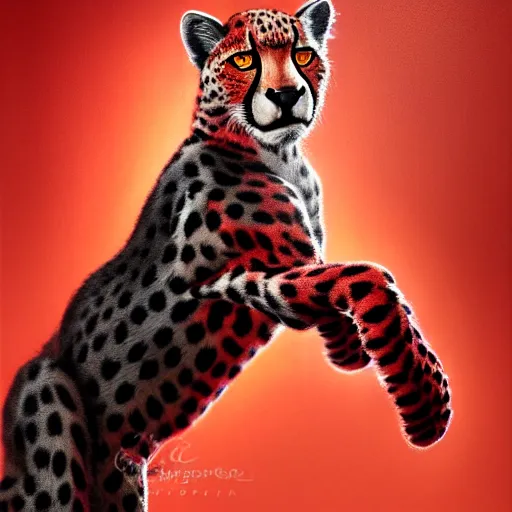 Image similar to a studio photograph of a red cheetah wearing a tuxedo suit,professional photography,studio lighting,studio photo,professional lighting,3 point lighting,dramatic,4k,detailed face,hyperdetailed,photorealistic,digital art,ultra realistic,ultra detailed,art by greg rutkowski