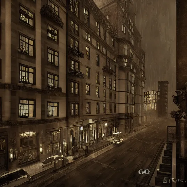 Image similar to painting of a 1 9 2 0 s gothic style hotel in downtown boston, overlooking a dark street, architectural, atmospheric lighting, brooding, painted, intricate, ultra detailed, well composed, best on artstation, cgsociety, epic, horror, stunning, gorgeous, intricate detail, much wow, masterpiece, cinematic aesthetic octane render, 8 k hd resolution,