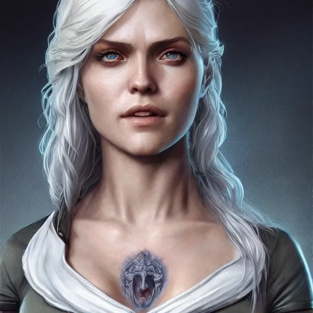 Prompt: cirilla wearing tight in chest shirt, half - opened shirt, ultra realistic, pretty face, extremely detailed face, anatomically correct, symmetrical, concept art, intricate details, highly detailed, photorealistic, octane render, 8 k, unreal engine. art by artgerm and greg rutkowski and alphonse mucha
