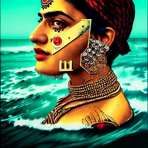 Image similar to portrait of pakistani woman :: side profile :: in ocean :: clockwork details :: gold :: blood and horror :: by vikings and Sandra Chevrier