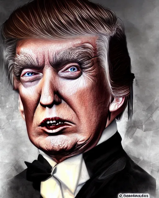 Image similar to donald trump as dracula, character portrait, close up, concept art, intricate details, highly professionally detailed, cgsociety, hyperrealist, in the style of otto dix and h. r giger