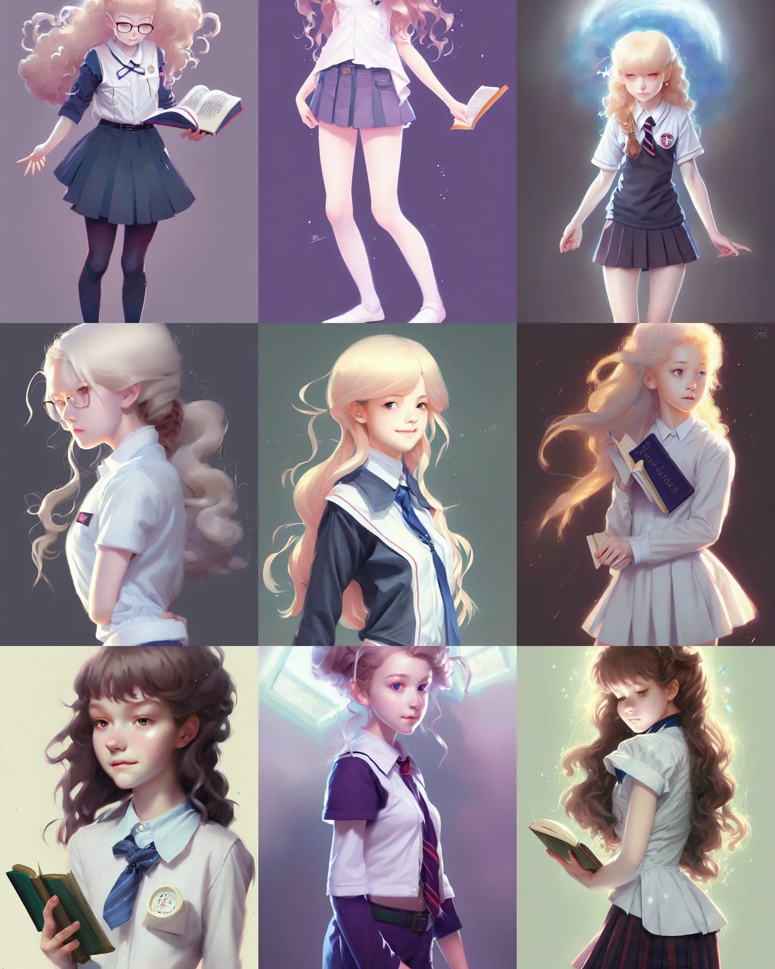 Prompt: innocent young teen girl, magical school student uniform, white curly hair, library books, highly detailed, digital painting, trending on artstation, pixiv, concept art, sharp focus, illustration, art by Ross Tran and Greg Rutkowski and Walt Disney animation