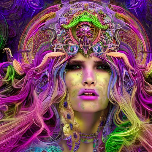 Image similar to psychadelic witch, hyper detailed, flowing psychadelic background intricate and detailed, ornate 8 k gorgeous intricate detailed, octane render