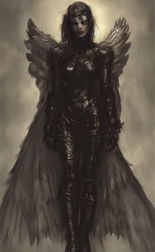 Prompt: Female in dark angel suit. By Rembrandt and artstation trending