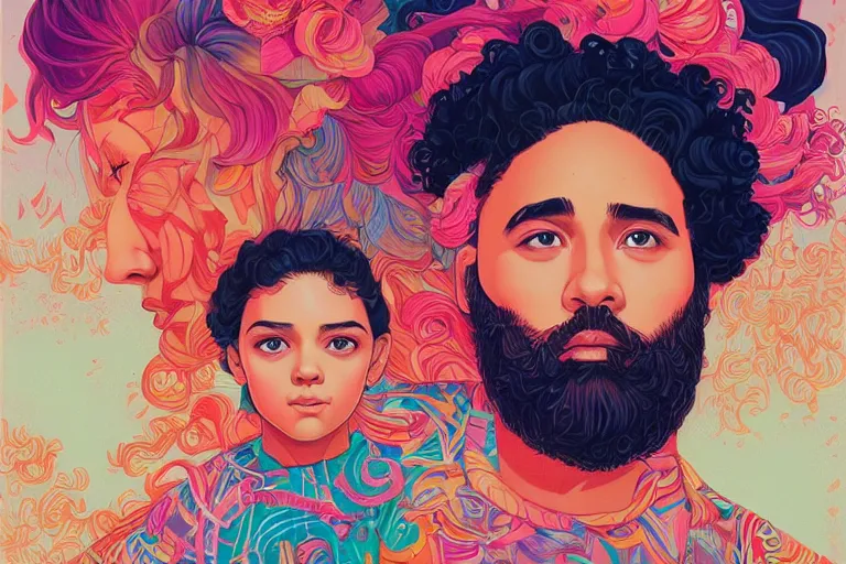 Prompt: a hispanic girl with medium length curly hair, and a short - bearded mixed race man with short curly hair, tristan eaton, victo ngai, artgerm, rhads, ross draws