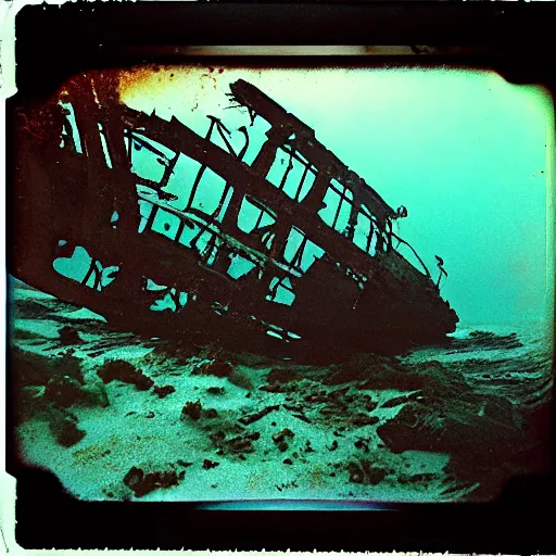 Image similar to towering rusty shipwreck, underwater, murky, megalophobia, old polaroid, expired film,