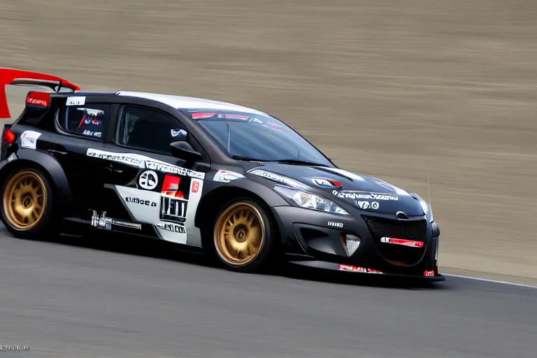 Image similar to black GT4 Mazdaspeed3 Gen 1 hatchback black plain livery simple, racing on highway photo 2008 cinematic motion blur dof LMP2 car