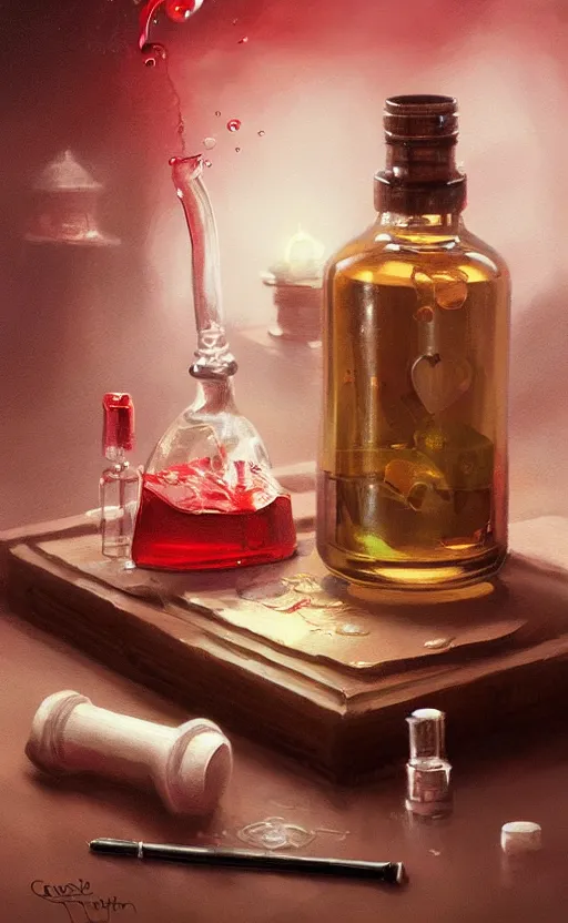 Image similar to a beautiful painting illustration of a stylized health potion on a wooden table, scratched vial, bubbles, crimson, by greg rutkowski, featured on artstation, rpg item