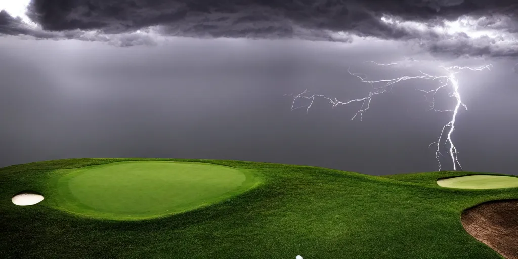 Image similar to a great photograph of the most amazing golf hole in the world, on top of the clouds, lightning storm, ambient light, golf digest, top 1 0 0, fog