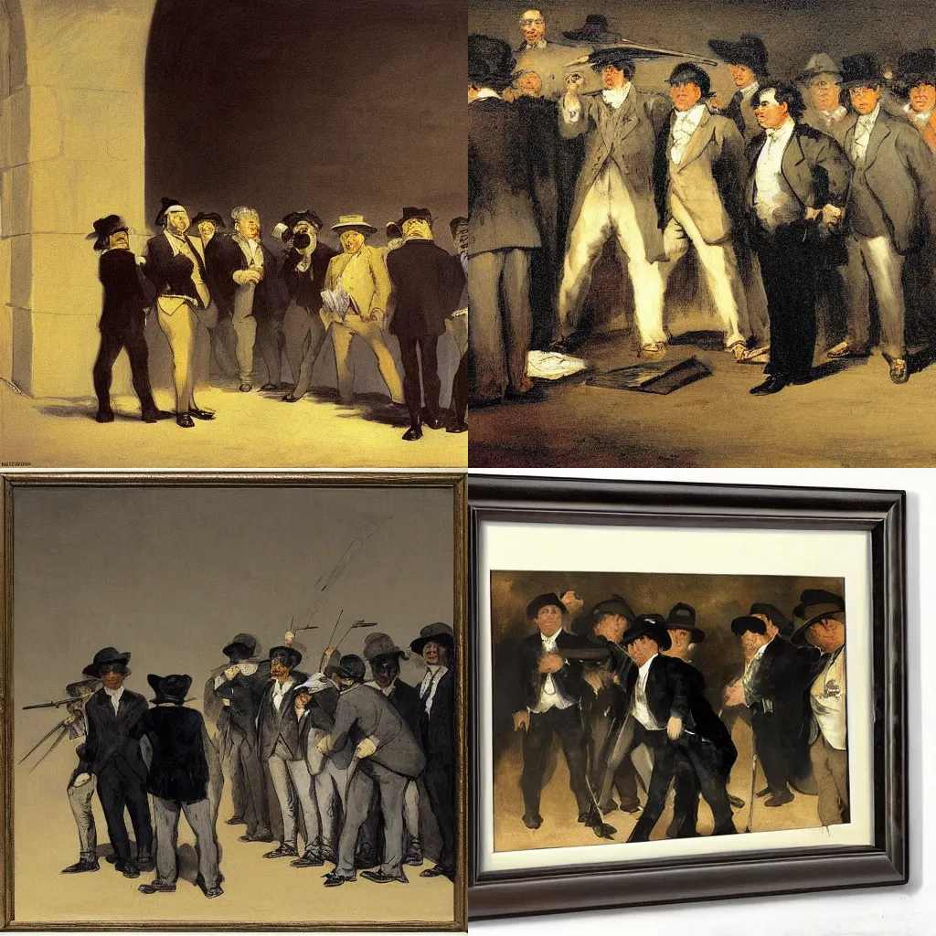 Prompt: billionaires on the firing line, standing in front of a firing squad, francisco goya, goya
