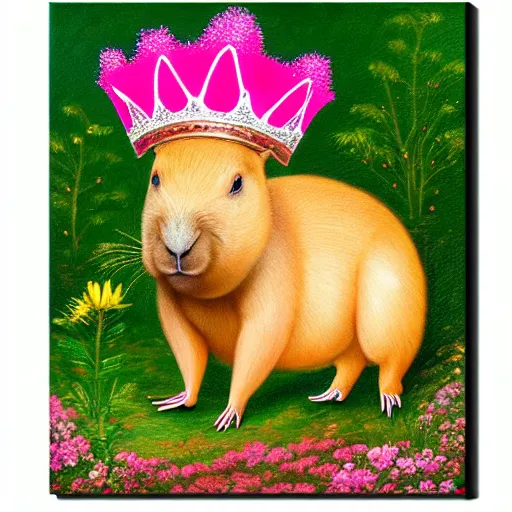 Image similar to anatomically correct capybara wearing a light pink cape and a encrusted golden crown, in a beautiful flower garden, oil painting