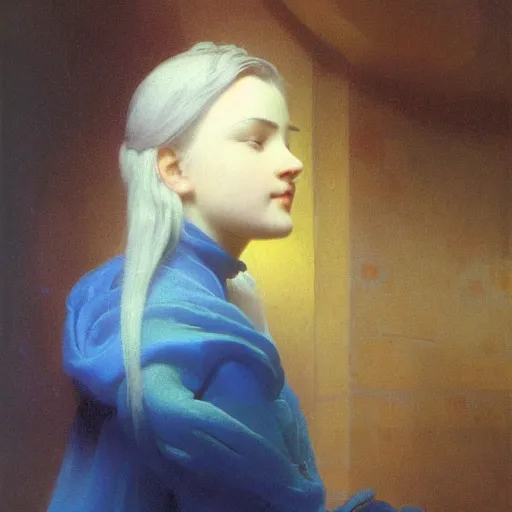 Prompt: a young woman's face, her hair is white and she wears an indigo blue satin cloak, by ivan aivazovsky and syd mead and moebius and gaston bussiere and roger dean and pieter claesz and paul delaroche and alma tadema and aelbert cuyp and balthasar ast, hyperrealistic, volumetric light, octane render