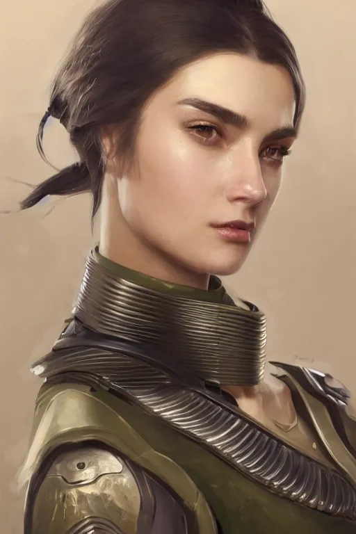 Image similar to a professionally painted portrait of an attractive young woman, clothed in military armor, olive skin, long dark hair, beautiful bone structure, symmetrical facial features, intricate, elegant, digital painting, trending on Artstation, concept art, smooth, sharp focus, illustration, from Metal Gear by Ruan Jia and Mandy Jurgens and Artgerm and William-Adolphe Bouguerea, award winning