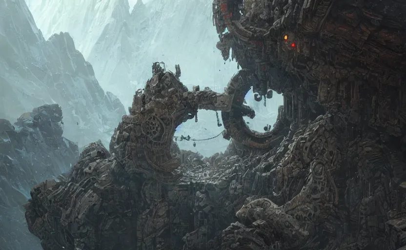 Prompt: a dwarven titan constructed from magnetic ore, high in the mountains, greg rutkowski, 8 k, shallow depth of field, intricate detail, concept art,