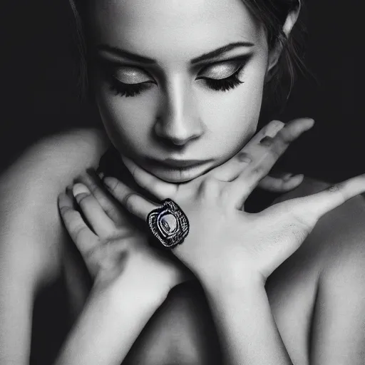 Prompt: Photo of a hand Jewellery model, bold, self confidence, cinematic, focus