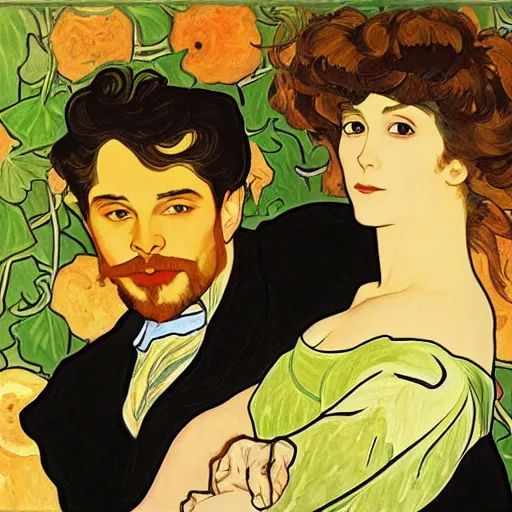 Prompt: painting of handsome beautiful jeff and pretty rina together at the cucumber soup party, elegant, clear, painting, stylized, art, art by alphonse mucha, vincent van gogh, egon schiele,