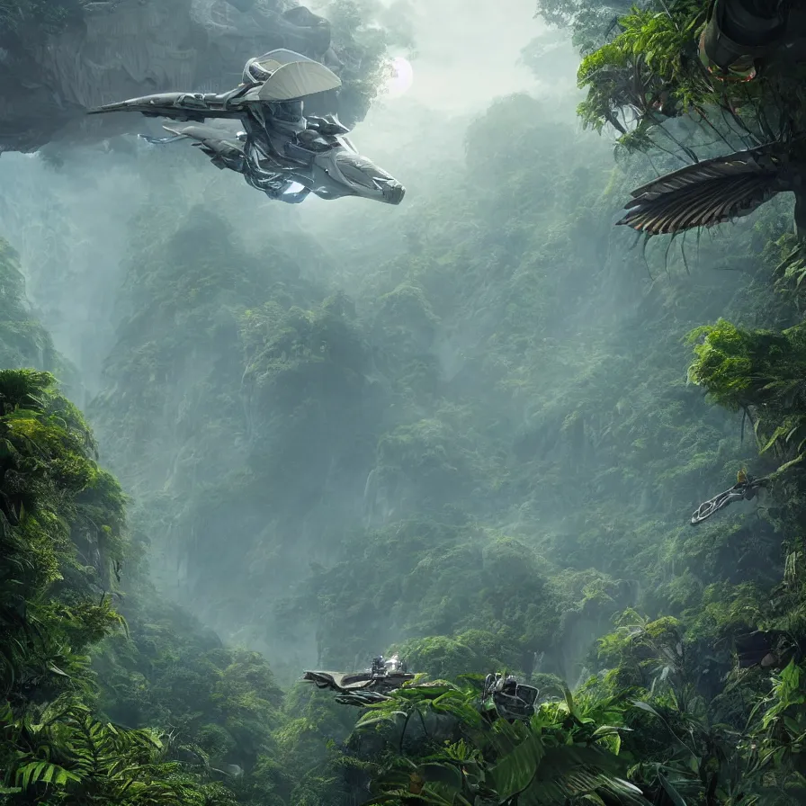 Prompt: hyperrealistic matte painting of futuristic robot quetzalcoatl, flying above the jungle by eddie mendoza, beeple, 4 k, trending on cgsociety