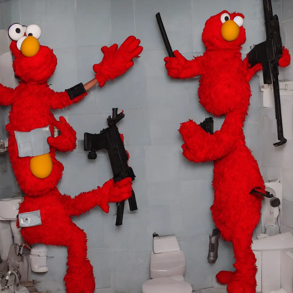 Prompt: Elmo is standing in the middle of a disgusting bathroom while holding a kalashnikov ak47