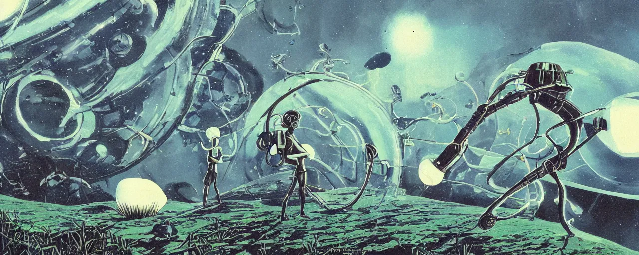 Prompt: a man on field spaceship station landing laying lake artillery outer worlds in FANTASTIC PLANET La planète sauvage animation by René Laloux