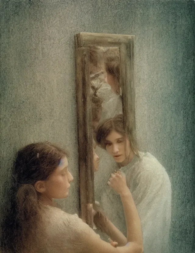 Prompt: peasant girl looking in a mirror in a bathroom, polaroid photo bleached vintage pastel colors high - key lighting, soft lights, foggy, by steve hanks, by lisa yuskavage, by serov valentin, by tarkovsky, detailed, oil on canvas