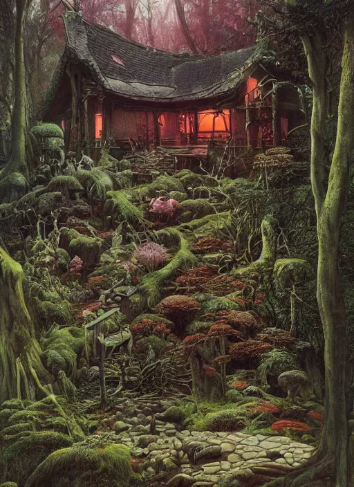 Image similar to hyper realistic witch cottage japanese shrine in the woods gorgeous lighting, highly detailed, lush forest painting by zdzisław beksinski and norman rockwell and greg rutkowskiweta studio, and lucasfilm