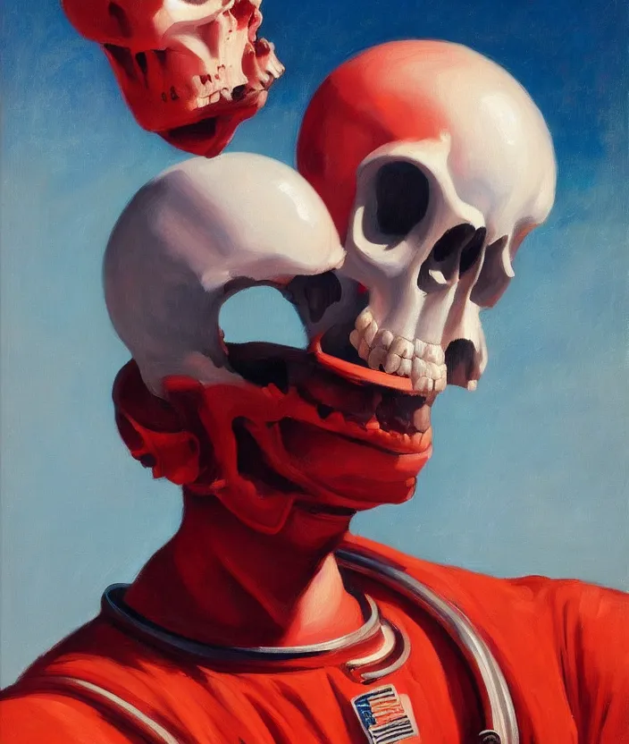 Prompt: a portrait of an astronaut with a skull head, cinematic and highly detailed oil painting by edward hopper, oil painting masterpiece, symmetry, mysterious, very aesthetic, cinematic and dramatic red light, 4 k,