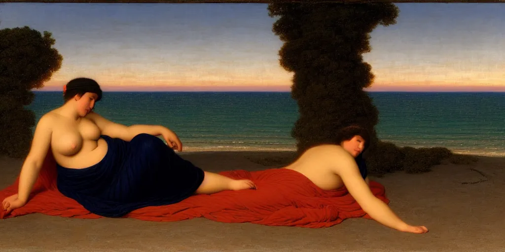 Image similar to a lonely woman sunbathing on the beach at dusk time ， 4 k resolution, by john william godward