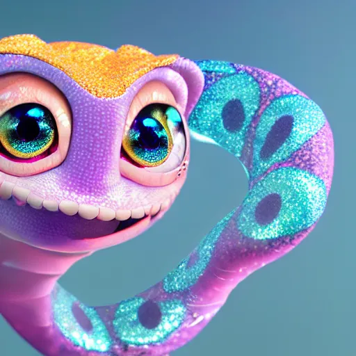 Prompt: baby gem snake, snake, big eyes, crystalized scales, white fur with gems, pastel colours, shiny glitter / crystals, pixar animation style, detailed, soft light, octane render, 4 k,