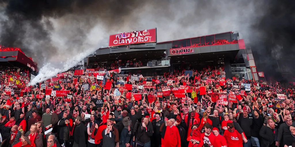 Image similar to old trafford theatre of dreams on fire during protest against the glazers, # glazersout, chaos, protest, banners, placards, burning, dark, ominous, pure evil, by stephen king, wide angle lens, 1 6 - 3 5 mm, symmetry, cinematic lighting