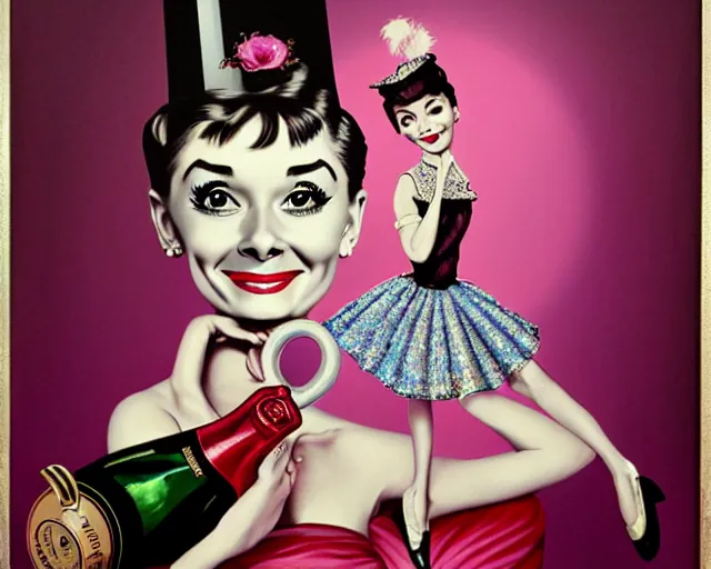 Prompt: audrey hepburn as a cancan dancer with a big bottle of champagne in art deco style, nicoletta ceccoli, mark ryden, lostfish, max fleischer, hyper realistic, artstation, illustration, digital paint, matte paint, vivid colors, bright, cheerful, detailed and intricate environment