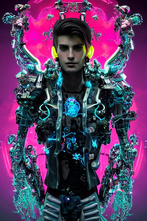 Image similar to full-body cyberpunk style sculpture of a young handsome Colombian prince half android with a chest opening exposing circuitry and electric sparks, glowing pink eyes, crown of blue flowers, flowing salmon-colored silk, fabric, raptors. baroque elements. full-length view. baroque element. intricate artwork by caravaggio. many many birds birds on background. Trending on artstation, octane render, cinematic lighting from the right, hyper realism, octane render, 8k, depth of field, 3D