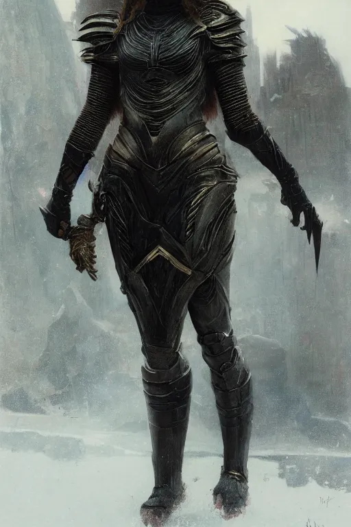 Image similar to redhead emilia clarke wearing black geometric armour, bare legs, detailed, by gaston bussiere, bayard wu, greg rutkowski, giger, maxim verehin, greg rutkowski, masterpiece, sharp focus, cinematic lightning